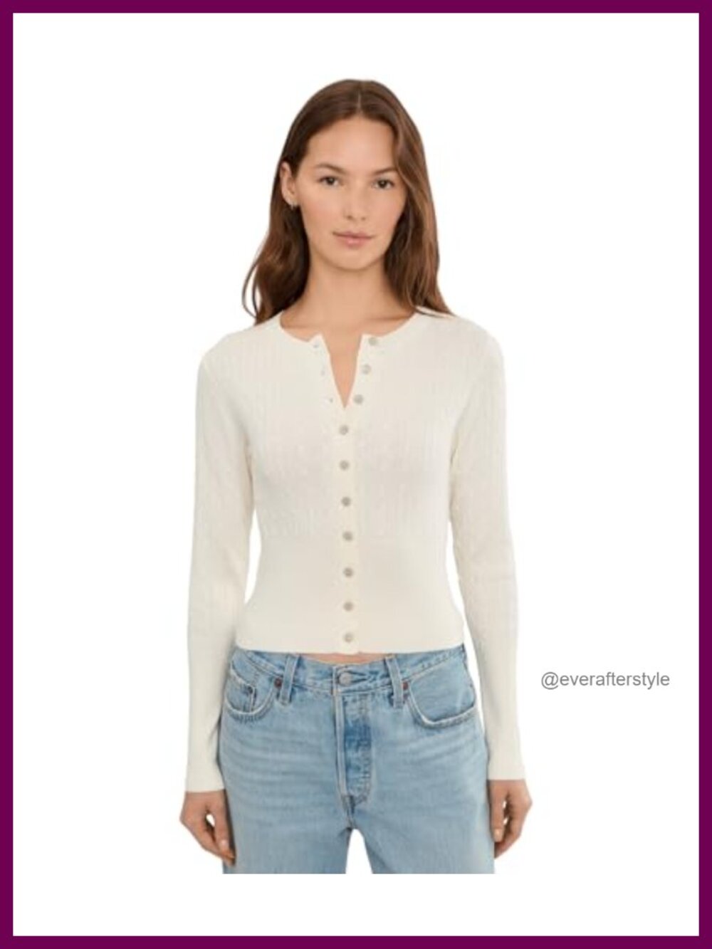 Fitted Cable Knit Button Front Cardigan Long Sleeve Crew Neck